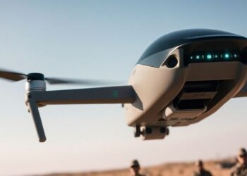 Drone équipé de fibre optique survolant un paysage militaire.