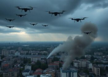 Vue aérienne d'une ville ukrainienne sous attaque de drones.