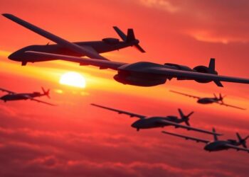 Des drones de combat survolant un paysage au coucher du soleil.