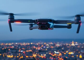 Drone moderne volant au-dessus d'un paysage urbain nocturne