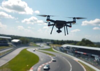 Drone volant au-dessus d'un circuit de course automobile