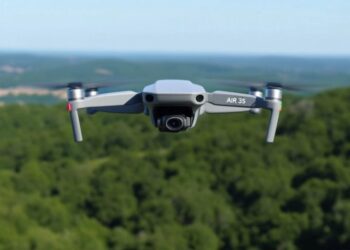 Drone DJI Air 3S en vol dans le ciel bleu.