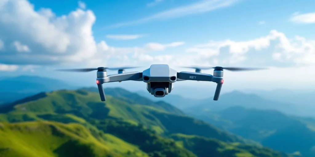 Drone DJI Mavic 4 Pro survolant un paysage.