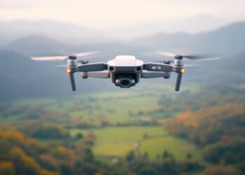 Drone DJI Air 3S en vol au-dessus d'un paysage.