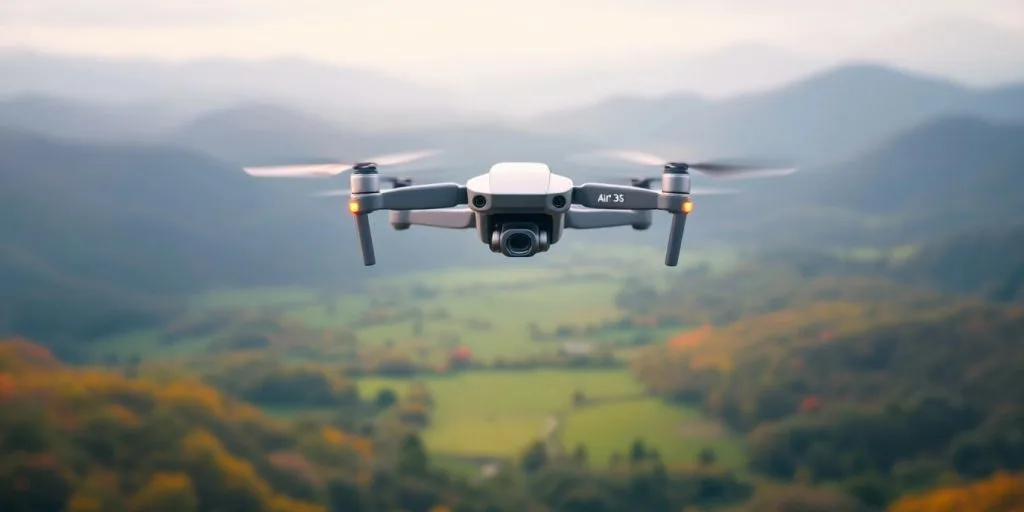 Drone DJI Air 3S en vol au-dessus d'un paysage.