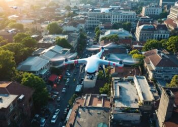 Vue aérienne d'une ville avec des drones en vol.