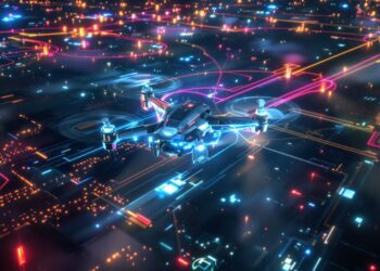 Drone volant dans un espace aérien réglementé avec des lumières vives.