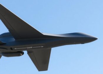 Drone de combat Gambit survolant un ciel bleu.