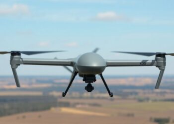 Dron militaire survolant un paysage ukrainien.