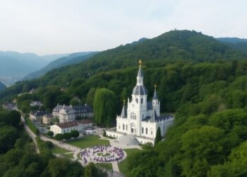 Vue aérienne paisible du sanctuaire de Lourdes.