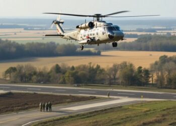 Hélicoptère en vol avec des agents de sécurité au sol.