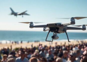 Drone, avion, plage, ciel bleu, foule