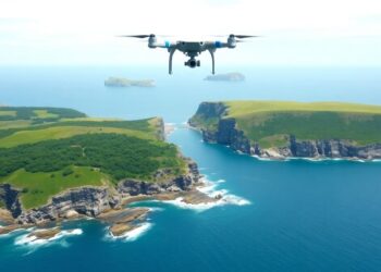 Vue aérienne de la Bretagne avec un drone survolant.