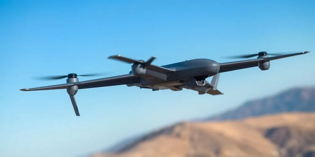 Drone militaire survolant un paysage clair.