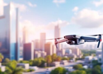 Drone survolant une ville moderne avec des gratte-ciel.