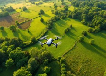 Drone survolant un paysage verdoyant.