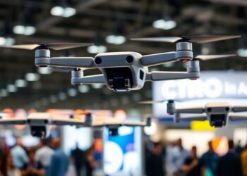 Drones volant au-dessus d'un salon professionnel animé.