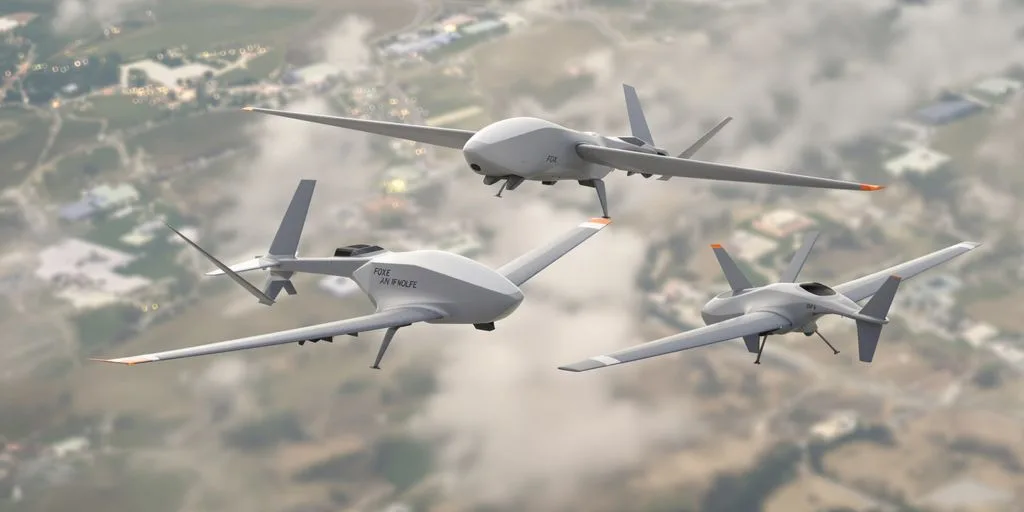 Deux drones miniatures Foxe et Wolfe en vol, prêts pour la défense.