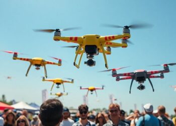Vue aérienne d'un événement de drones en France.