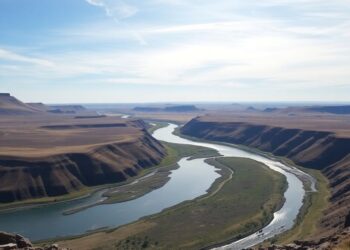 Paysage naturel du Dakota du Nord avec collines et rivière.