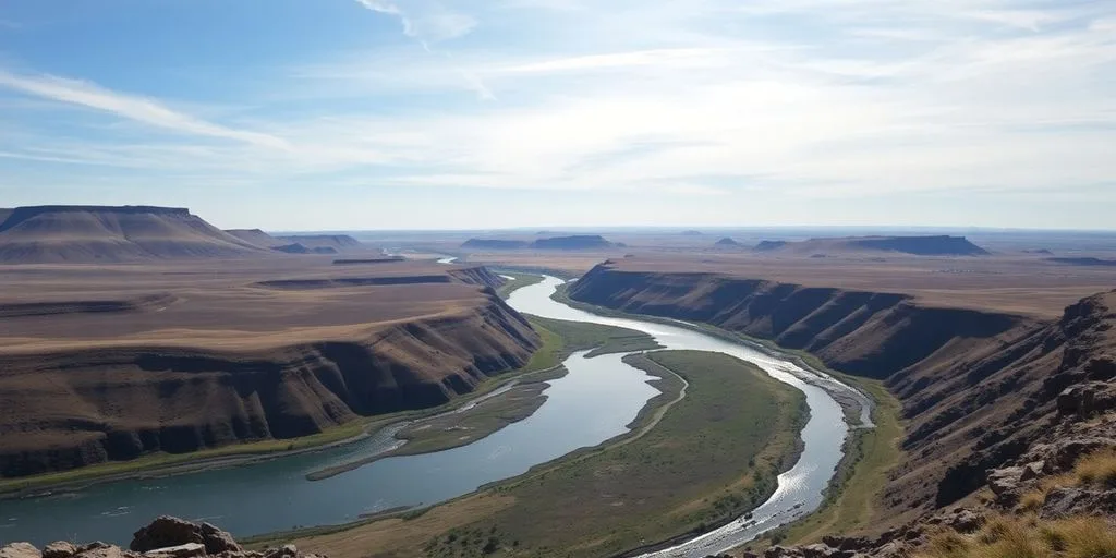 Paysage naturel du Dakota du Nord avec collines et rivière.