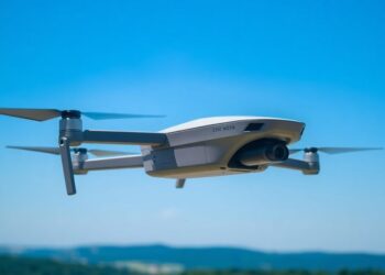 Drone civil survolant un paysage verdoyant avec ciel bleu.