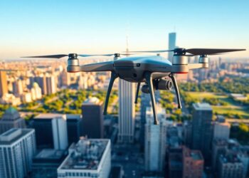 Drone survolant une ville moderne et dynamique.