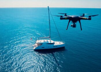 Drone survolant catamaran en mer Atlantique.
