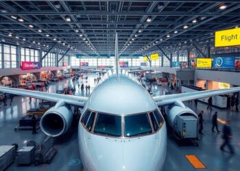 Avion moderne dans un aéroport animé.