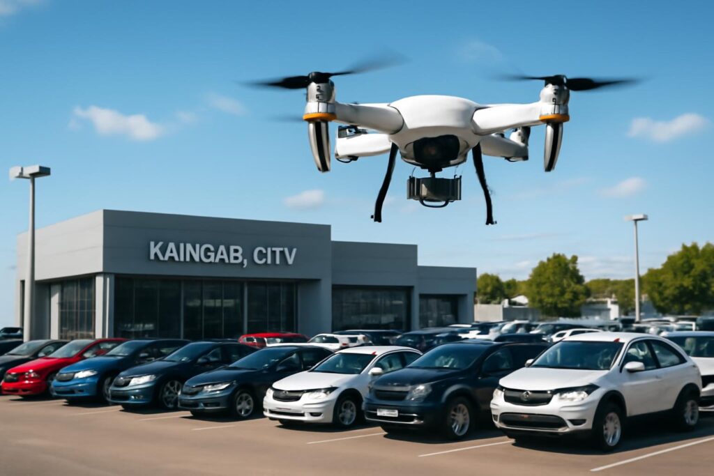 Sécurité : un drone de surveillance au-dessus d'un parc automobile