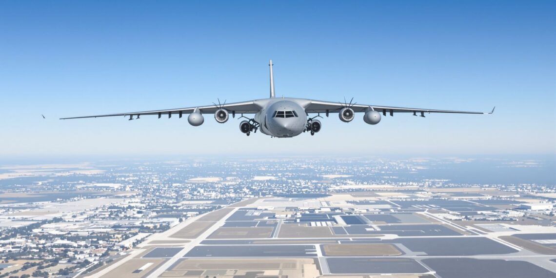 Avion militaire en vol au-dessus d'une base aérienne