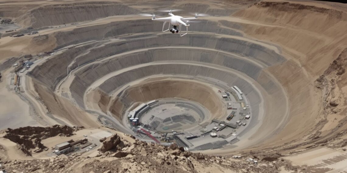 Drone survolant une mine, créant un modèle 3D.