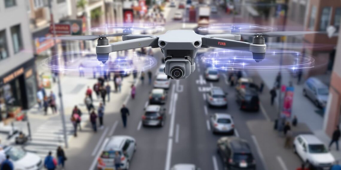 Drone survolant une rue avec voitures et piétons visibles.