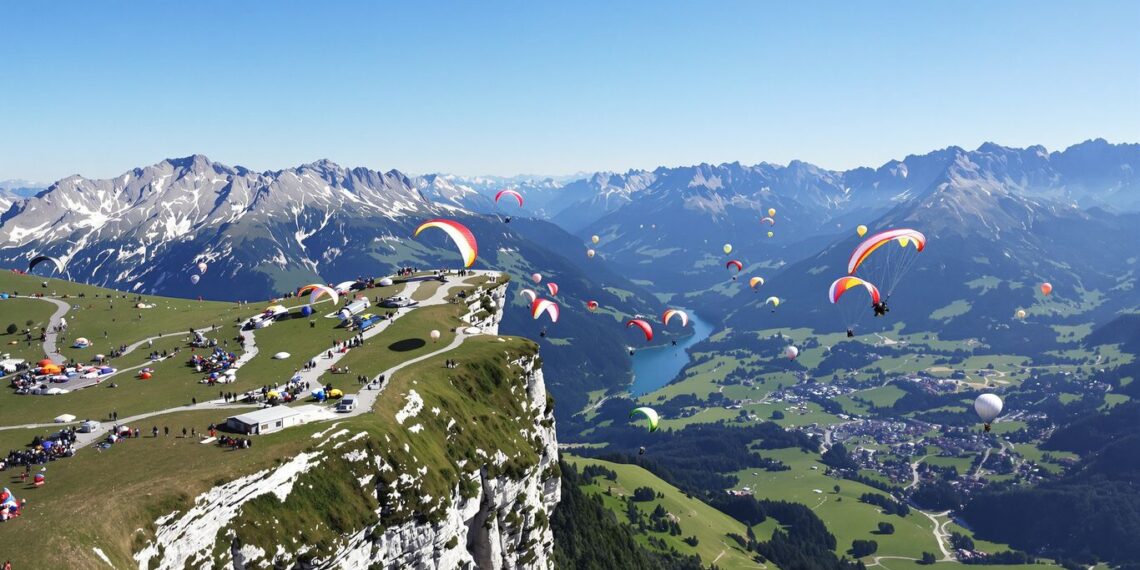 Parapentes colorés, montgolfières, hélicoptère, montagnes alpines, ciel bleu clair, vallée.