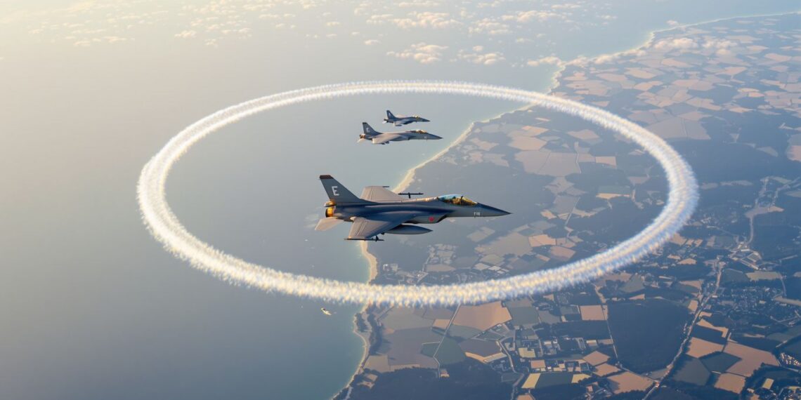 Deux Rafale survolent deux boucles de traînées au-dessus du littoral.