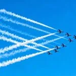 Manifestation aérienne à Nîmes avec des avions laissant des traînées.