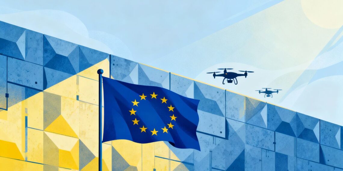 Drapeau européen avec des drones stylisés.