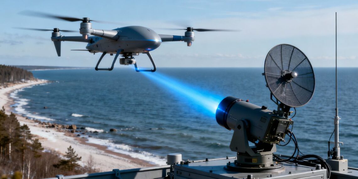 Système anti-drone interceptant un drone au-dessus de la mer Baltique.