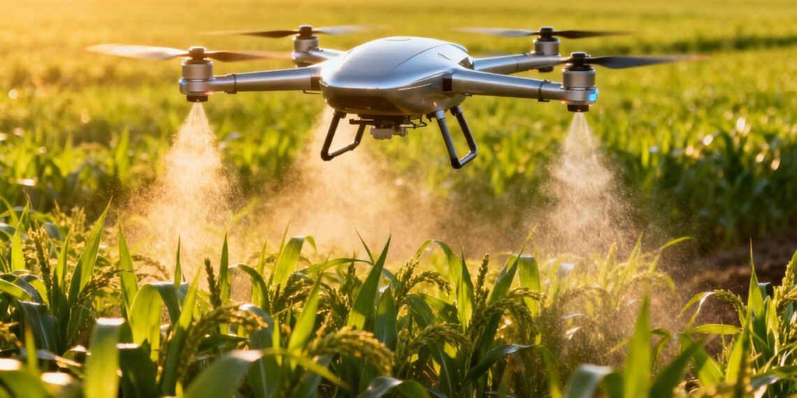 Drone agricole survolant un champ vert luxuriant.