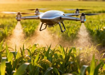 Drone agricole survolant un champ vert luxuriant.