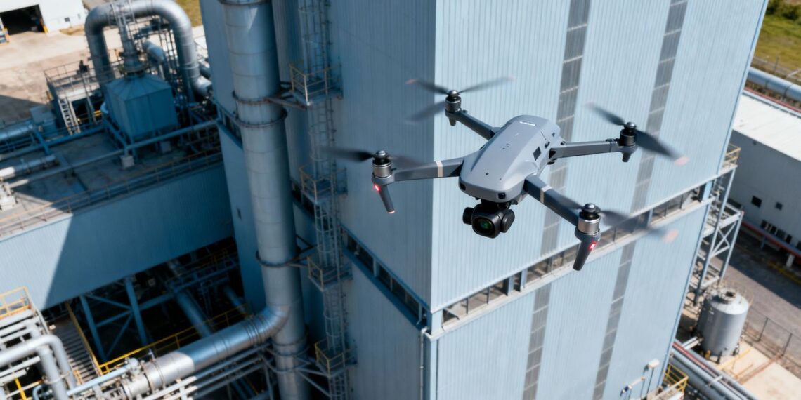 Drone effectuant une inspection aérienne d'une structure.