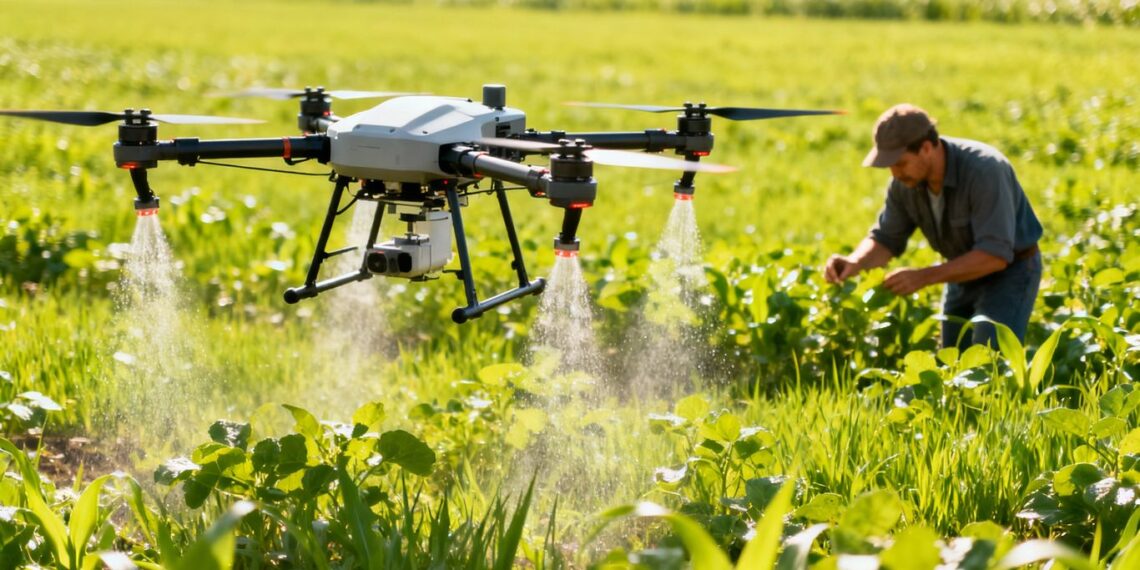 Drone agricole survolant un champ vert.