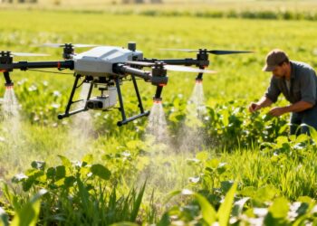 Drone agricole survolant un champ vert.
