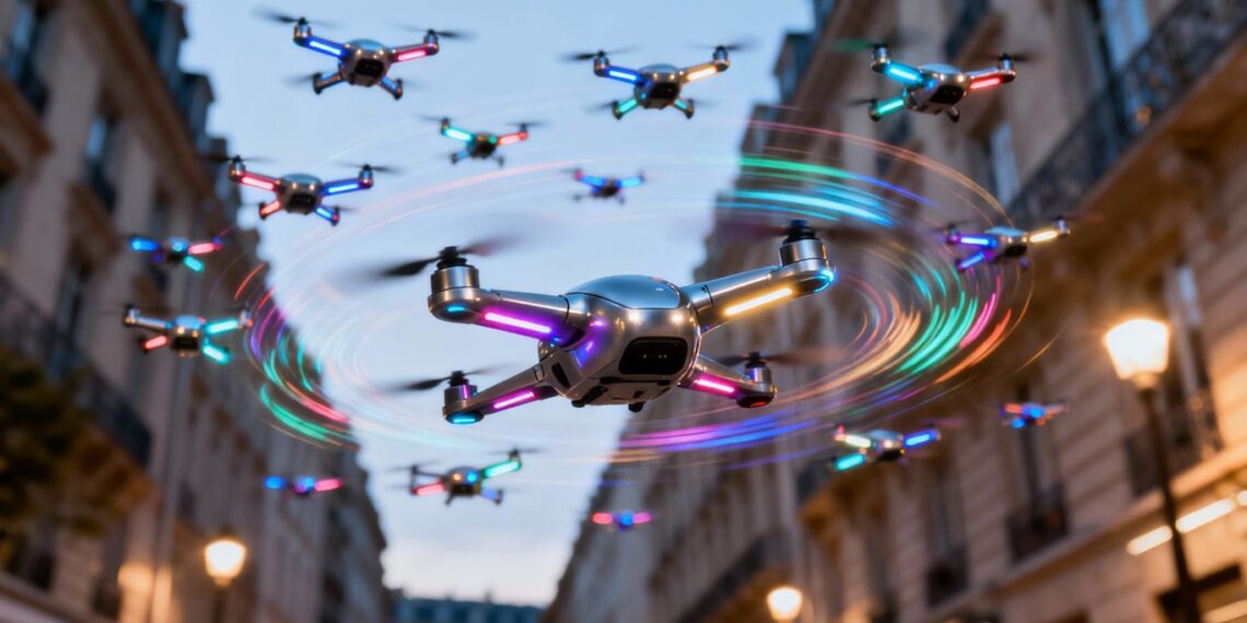 Essaim de drones futuristes en vol au-dessus d'une ville.