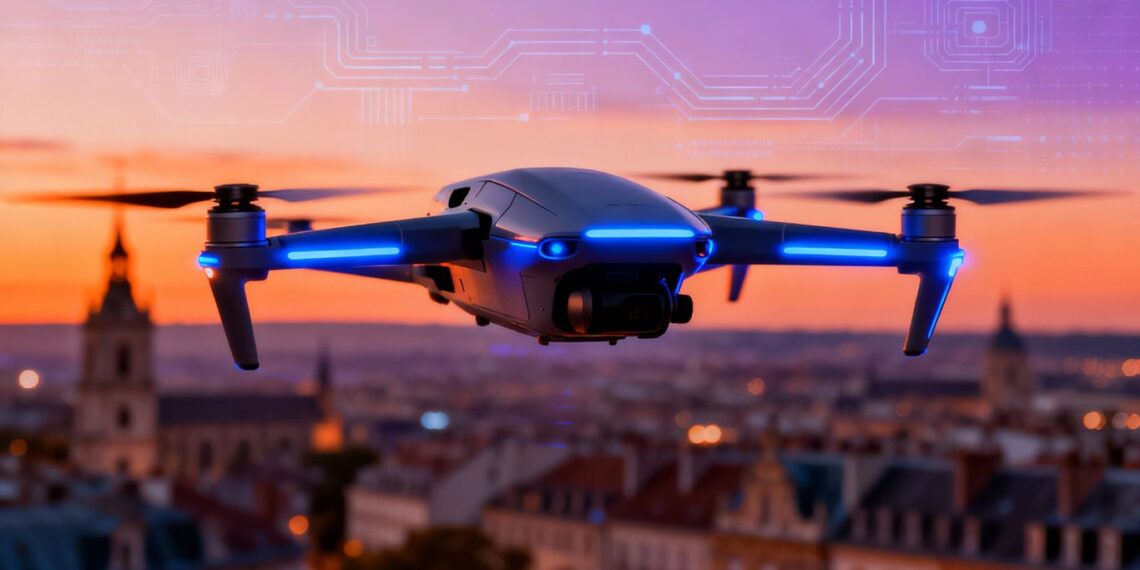 Drone futuriste survolant une ville européenne