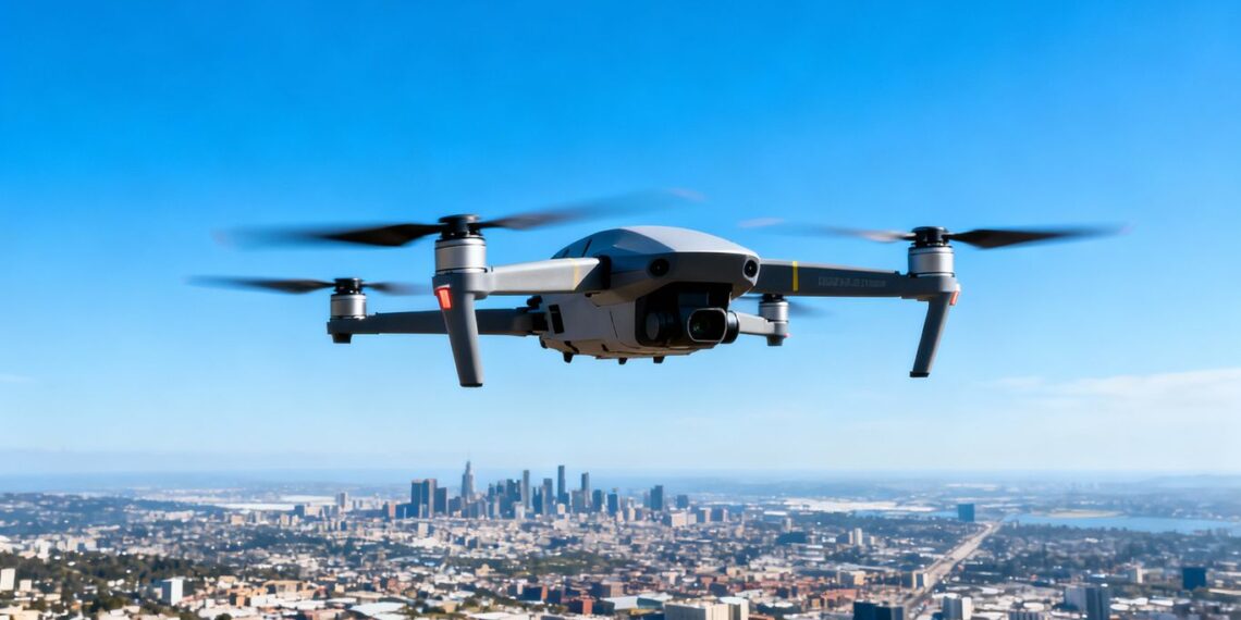 Drone au-dessus d'une ville pour missions complexes