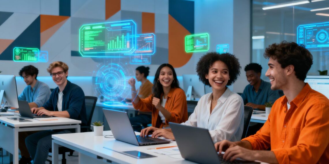 Personnes travaillant ensemble dans un bureau moderne avec des éléments futuristes.