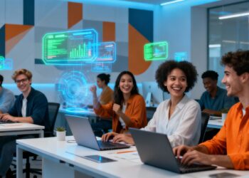 Personnes travaillant ensemble dans un bureau moderne avec des éléments futuristes.