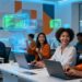 Personnes travaillant ensemble dans un bureau moderne avec des éléments futuristes.