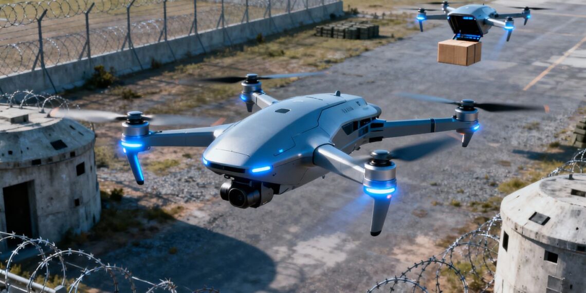 Drones militaires autonomes en vol, technologie avancée.